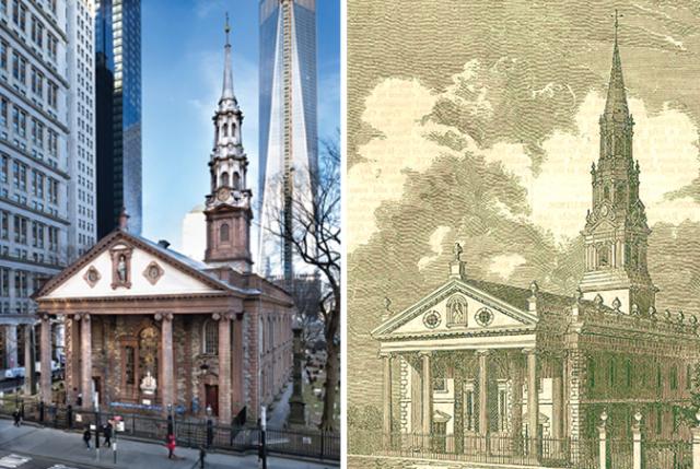 Photo of St. Paul's Chapel with One Trade Center in the background (left); Vintage illustration of St. Paul's Chapel (right)