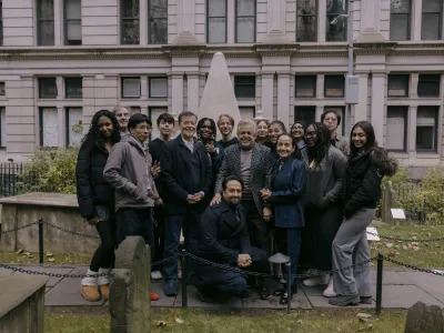 Ken Burns and Lin Manuel Miranda at Trinity Church NYC with NYC high schoolers