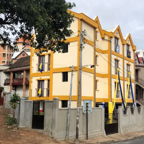 The exterior of the Trano Kambana commercial office building in Antananarivo, Madagascar.